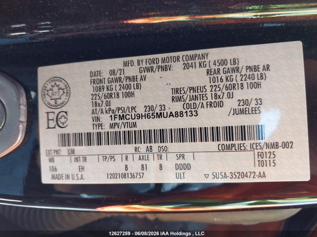 Продаж на аукціоні авто 2021 Ford Escape Sel, vin: 1FMCU9H65MUA88133, номер лоту: 12627259