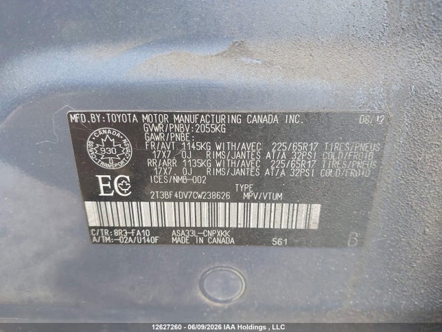 Aukcja sprzedaży 2012 Toyota Rav4, vin: 2T3BF4DV7CW238626, numer aukcji: 12627260