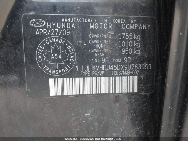 2009 Hyundai Elantra Gls/se მანქანა იყიდება აუქციონზე, vin: KMHDU45DX9U763959, აუქციონის ნომერი: 12627267