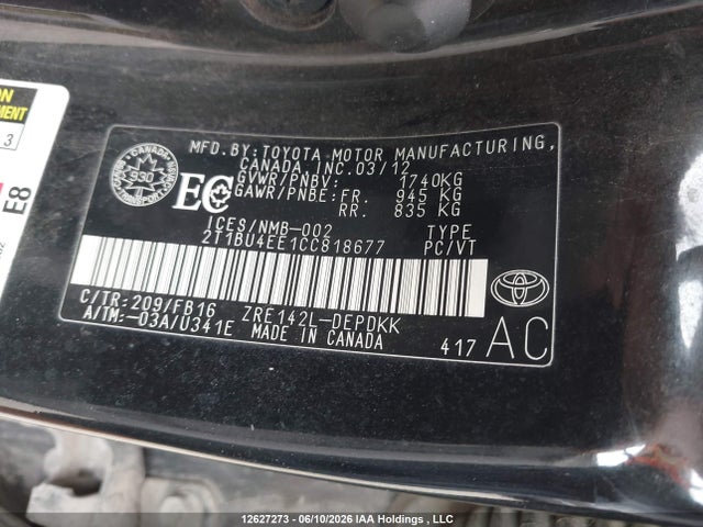 2012 Toyota Corolla Ce მანქანა იყიდება აუქციონზე, vin: 2T1BU4EE1CC818677, აუქციონის ნომერი: 12627273
