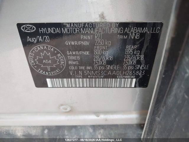 Продаж на аукціоні авто 2020 Hyundai Santa Fe Luxury Turbo Awd, vin: 5NMS3CAA0LH265823, номер лоту: 12627277