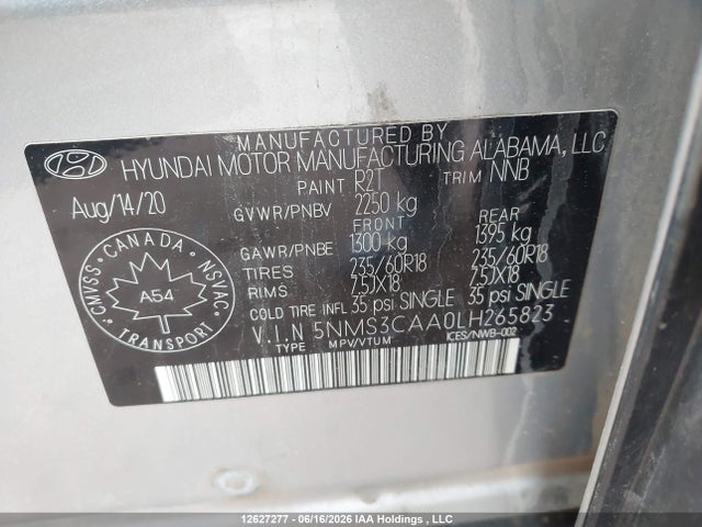 Продаж на аукціоні авто 2020 Hyundai Santa Fe Luxury Turbo Awd, vin: 5NMS3CAA0LH265823, номер лоту: 12627277