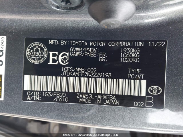 12627278 :رقم المزاد ، JTDKAMFP7N3229198 vin ، 2022 Toyota Prius Prime مزاد بيع