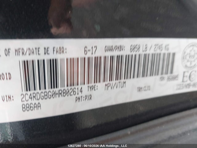 12627280 :رقم المزاد ، 2C4RDGBG0HR802614 vin ، 2017 Dodge Grand Caravan Cvp/sxt مزاد بيع