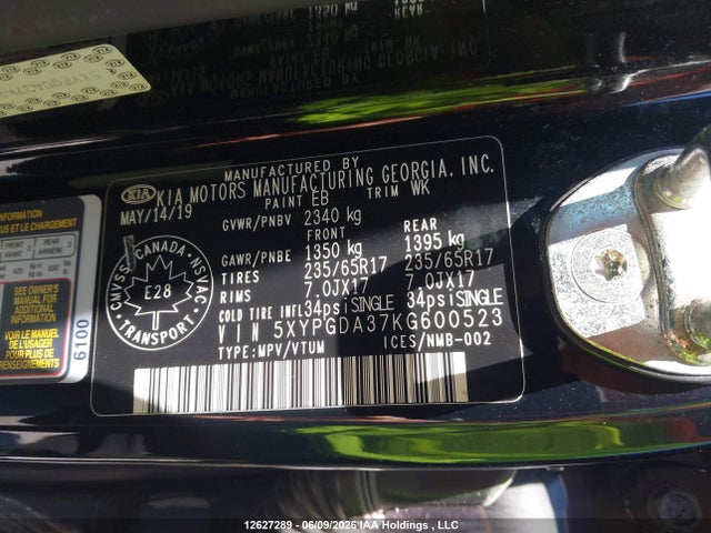 2019 Kia Sorento L/lx მანქანა იყიდება აუქციონზე, vin: 5XYPGDA37KG600523, აუქციონის ნომერი: 12627289