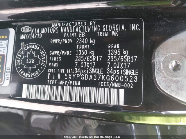 2019 Kia Sorento L/lx მანქანა იყიდება აუქციონზე, vin: 5XYPGDA37KG600523, აუქციონის ნომერი: 12627289