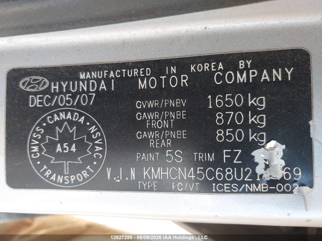 12627295 :رقم المزاد ، KMHCN45C68U215469 vin ، 2008 Hyundai Accent Gl/gls/l مزاد بيع