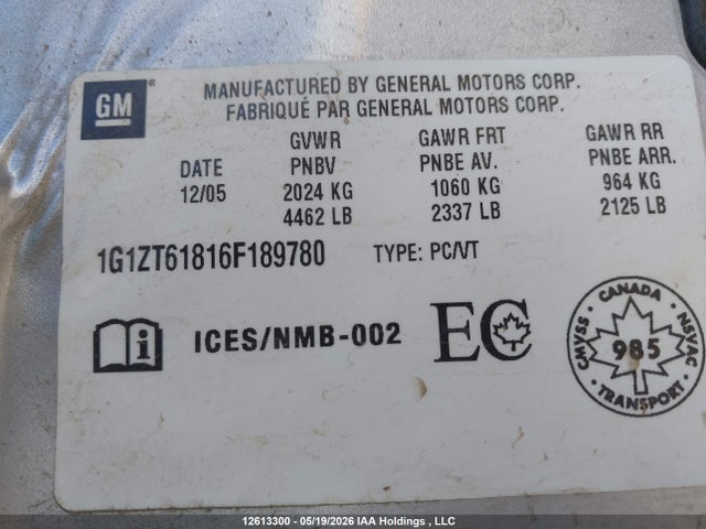 2006 Chevrolet Malibu Maxx Lt მანქანა იყიდება აუქციონზე, vin: 1G1ZT61816F189780, აუქციონის ნომერი: 12613300