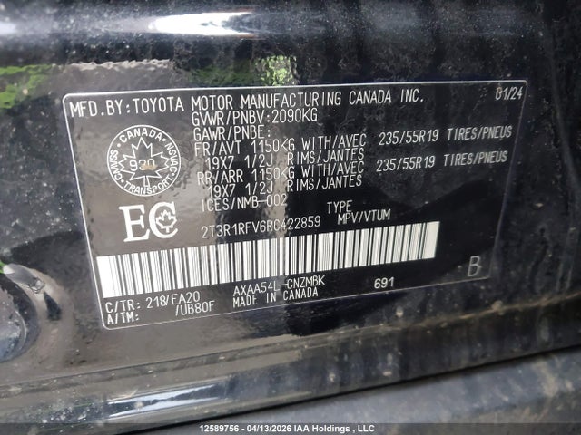 2024 Toyota Rav4 Xle მანქანა იყიდება აუქციონზე, vin: 2T3R1RFV6RC422859, აუქციონის ნომერი: 12589756