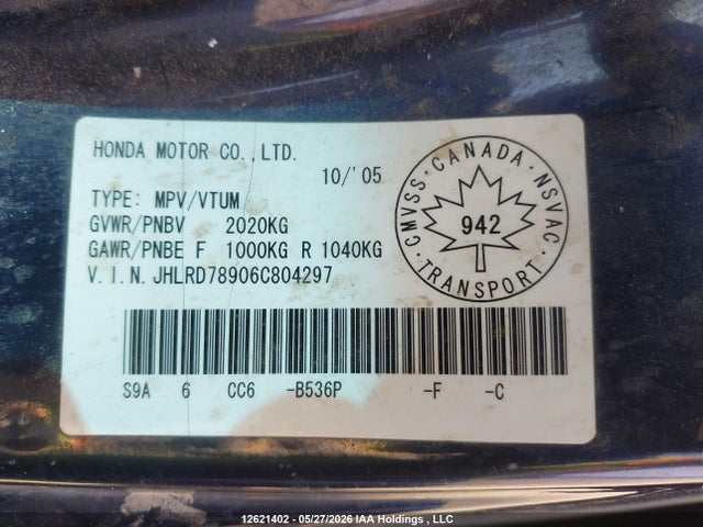 2006 Honda Cr-v Ex-l მანქანა იყიდება აუქციონზე, vin: JHLRD78906C804297, აუქციონის ნომერი: 12621402