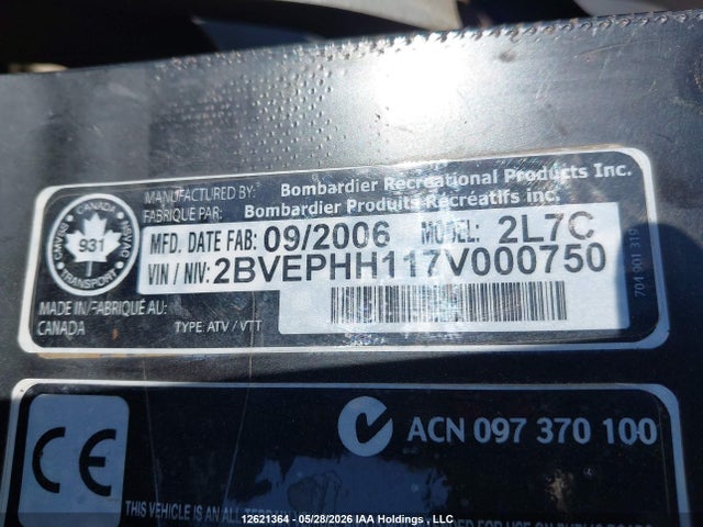 2007 Can-am Outlander Max 800 მანქანა იყიდება აუქციონზე, vin: 2BVEPHH117V000750, აუქციონის ნომერი: 12621364