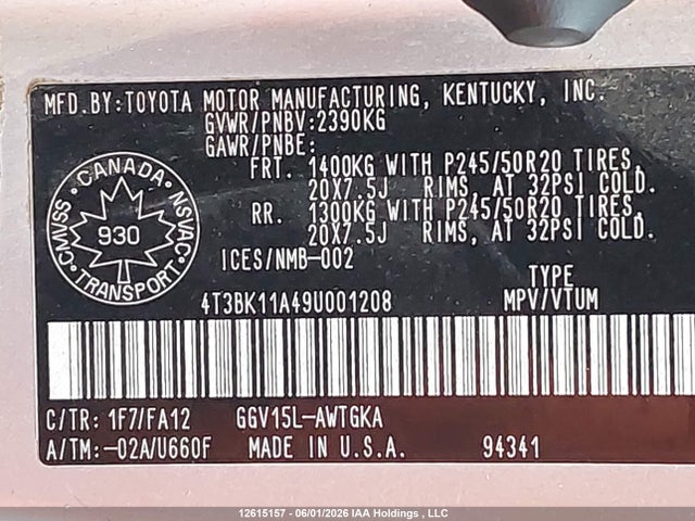 2009 Toyota Venza Base V6 მანქანა იყიდება აუქციონზე, vin: 4T3BK11A49U001208, აუქციონის ნომერი: 12615157