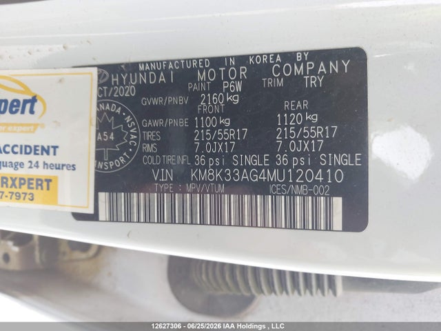12627306 :رقم المزاد ، KM8K33AG4MU120410 vin ، 2021 Hyundai Kona Limited مزاد بيع