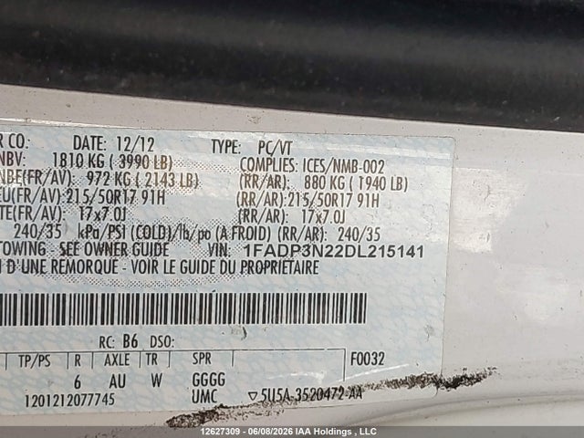 12627309 :رقم المزاد ، 1FADP3N22DL215141 vin ، 2013 Ford Focus Titanium مزاد بيع