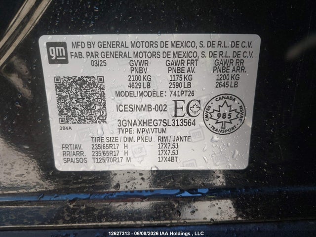 12627313 :رقم المزاد ، 3GNAXHEG7SL313564 vin ، 2025 Chevrolet Equinox Lt مزاد بيع