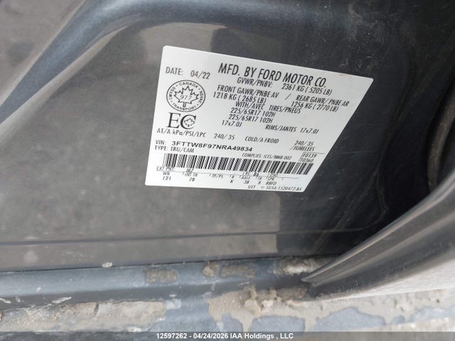 12597262 :رقم المزاد ، 3FTTW8F97NRA49834 vin ، 2022 Ford Maverick Xlt مزاد بيع