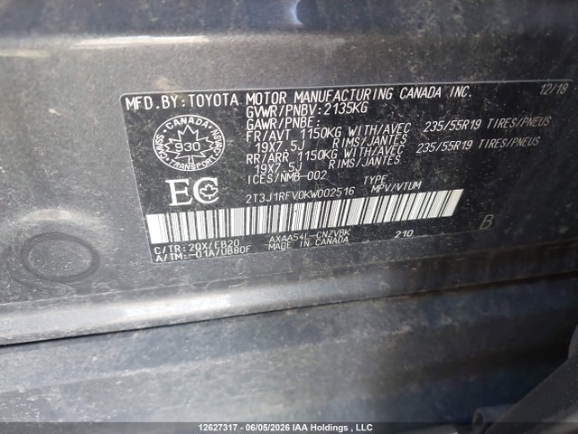 Aukcja sprzedaży 2019 Toyota Rav4 Trail, vin: 2T3J1RFV0KW002516, numer aukcji: 12627317