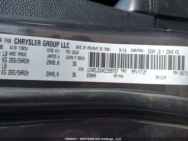 2014 Dodge Durango Limited მანქანა იყიდება აუქციონზე, vin: 1C4RDJDG4EC599757, აუქციონის ნომერი: 12608431