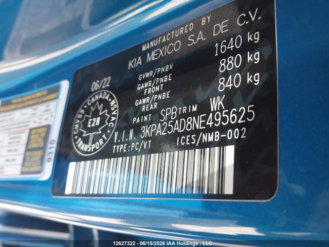 2022 Kia Rio S მანქანა იყიდება აუქციონზე, vin: 3KPA25AD8NE495625, აუქციონის ნომერი: 12627322