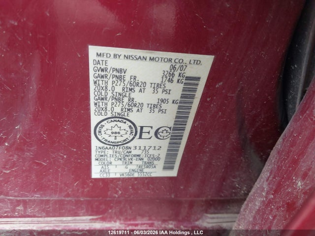 Продаж на аукціоні авто 2008 Nissan Titan Le, vin: 1N6AA07F08N311712, номер лоту: 12619711