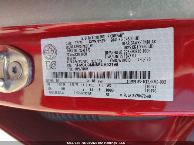 2025 Ford Escape მანქანა იყიდება აუქციონზე, vin: 1FMCU9MN8SUA92199, აუქციონის ნომერი: 12627324