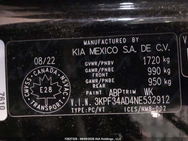 12627325 :رقم المزاد ، 3KPF34AD4NE532912 vin ، 2022 Kia Forte Ex/ex Premium/ex+/gt-line مزاد بيع