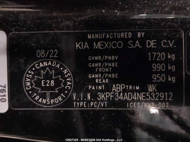 12627325 :رقم المزاد ، 3KPF34AD4NE532912 vin ، 2022 Kia Forte Ex/ex Premium/ex+/gt-line مزاد بيع