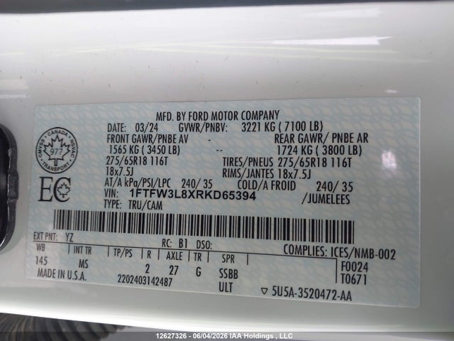Aukcja sprzedaży 2024 Ford F150 Xlt, vin: 1FTFW3L8XRKD65394, numer aukcji: 12627326