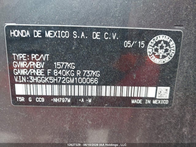 12627329 :رقم المزاد ، 3HGGK5H72GM100066 vin ، 2016 Honda Fit Ex مزاد بيع