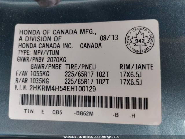 12627330 :رقم المزاد ، 2HKRM4H54EH100129 vin ، 2014 Honda Cr-v Ex مزاد بيع