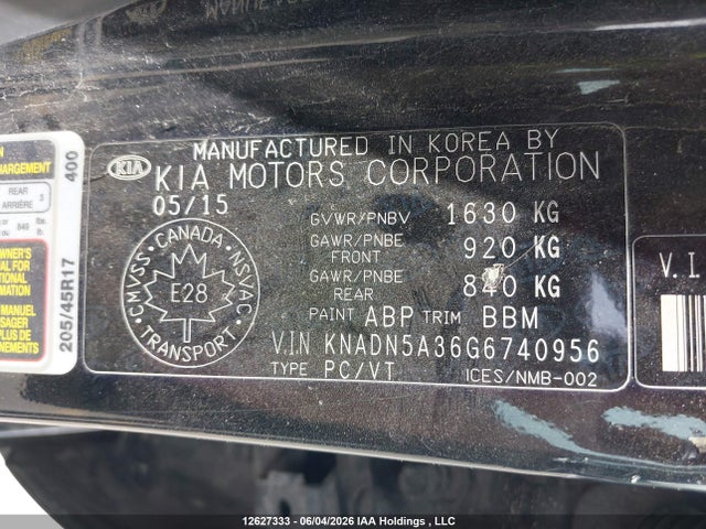 12627333 :رقم المزاد ، KNADN5A36G6740956 vin ، 2016 Kia Rio مزاد بيع