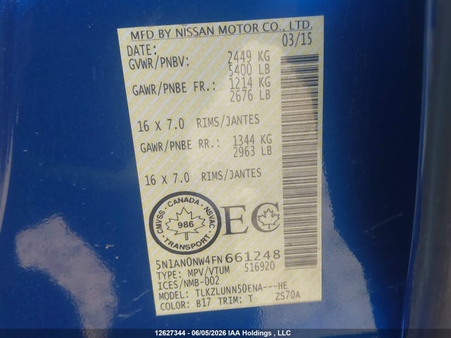 Aukcja sprzedaży 2015 Nissan Xterra X/s/pro-4x, vin: 5N1AN0NW4FN661248, numer aukcji: 12627344