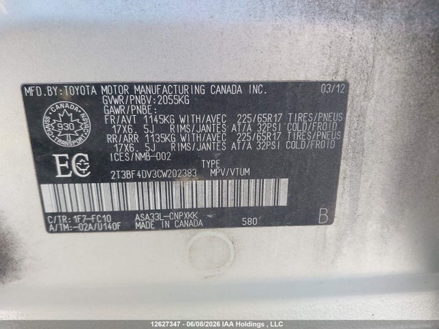 Продаж на аукціоні авто 2012 Toyota Rav4, vin: 2T3BF4DV3CW202383, номер лоту: 12627347