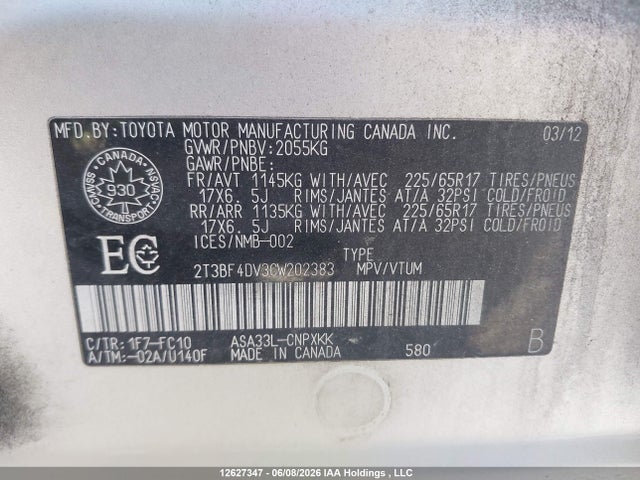 Продаж на аукціоні авто 2012 Toyota Rav4, vin: 2T3BF4DV3CW202383, номер лоту: 12627347