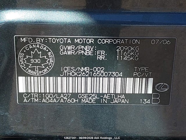 Продажа на аукционе авто 2006 Lexus Is 250, vin: JTHCK262165007304, номер лота: 12627351