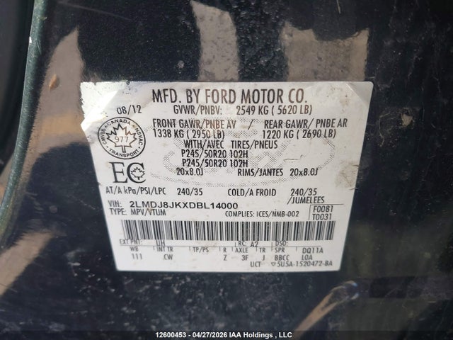 12600453 :رقم المزاد ، 2LMDJ8JKXDBL14000 vin ، 2013 Lincoln Mkx مزاد بيع