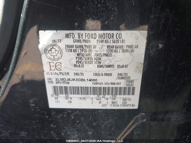 12600453 :رقم المزاد ، 2LMDJ8JKXDBL14000 vin ، 2013 Lincoln Mkx مزاد بيع