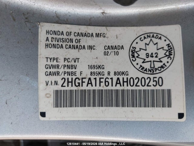 12610441 :رقم المزاد ، 2HGFA1F61AH020250 vin ، 2010 Honda Civic Sport مزاد بيع