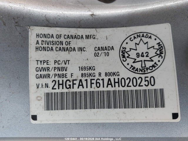 12610441 :رقم المزاد ، 2HGFA1F61AH020250 vin ، 2010 Honda Civic Sport مزاد بيع