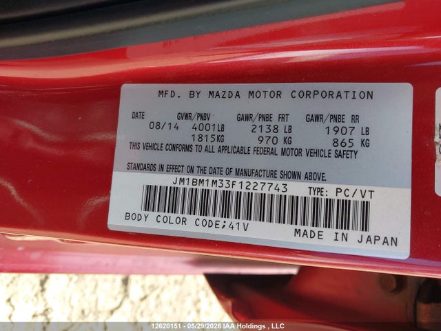 Продажа на аукционе авто 2015 Mazda Mazda3 Gt, vin: JM1BM1M33F1227743, номер лота: 12620151
