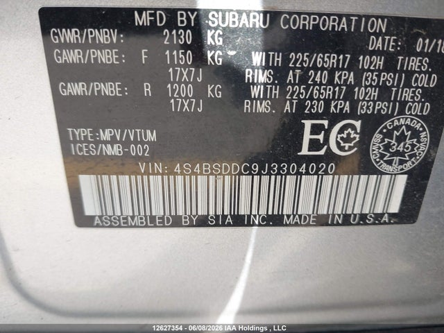 2018 Subaru Legacy Outback მანქანა იყიდება აუქციონზე, vin: 4S4BSDDC9J3304020, აუქციონის ნომერი: 12627354