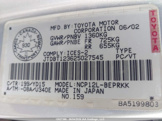 Aukcja sprzedaży 2002 Toyota Echo, vin: JTDBT123625027545, numer aukcji: 12627366