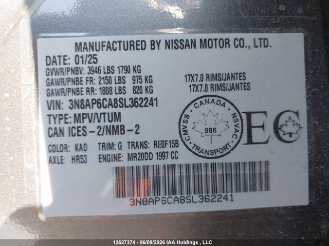 Aukcja sprzedaży 2025 Nissan Kicks Sv, vin: 3N8AP6CA8SL362241, numer aukcji: 12627374
