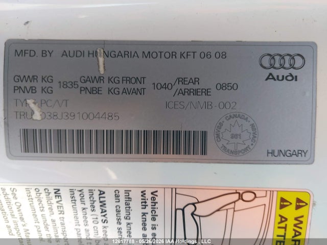 12617788 :رقم المزاد ، TRURD38J391004485 vin ، 2009 Audi Tt 3.2 مزاد بيع