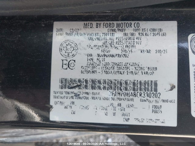 Продаж на аукціоні авто 2012 Ford Fusion Se, vin: 3FAHP0HA8CR330202, номер лоту: 12619646
