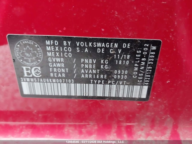 Продаж на аукціоні авто 2019 Volkswagen Golf 1.4 Tsi Comfortline/1.4 Tsi Execline/1.4 Tsi Highline, vin: 3VWW57AU6KM007103, номер лоту: 12564546
