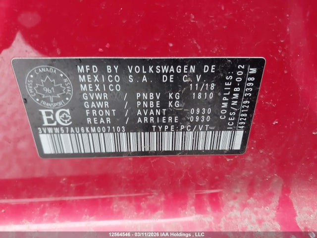 Продаж на аукціоні авто 2019 Volkswagen Golf 1.4 Tsi Comfortline/1.4 Tsi Execline/1.4 Tsi Highline, vin: 3VWW57AU6KM007103, номер лоту: 12564546