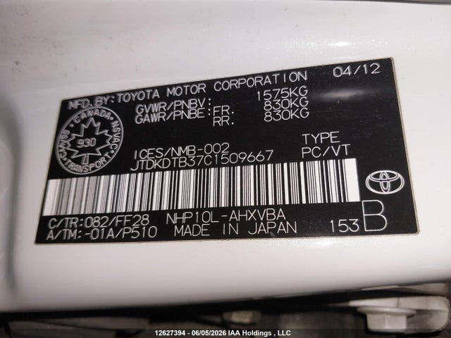 12627394 :رقم المزاد ، JTDKDTB37C1509667 vin ، 2012 Toyota Prius مزاد بيع