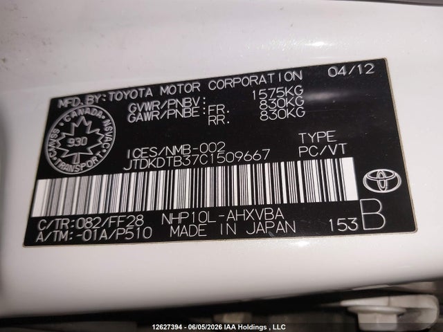 12627394 :رقم المزاد ، JTDKDTB37C1509667 vin ، 2012 Toyota Prius مزاد بيع