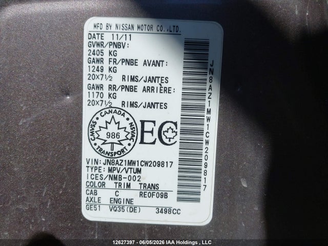 Продажа на аукционе авто 2012 Nissan Murano S/sl/le, vin: JN8AZ1MW1CW209817, номер лота: 12627397